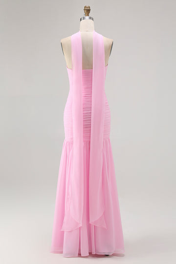 Blush Strapless Ruched Long Bridesmaid Dress with Slit